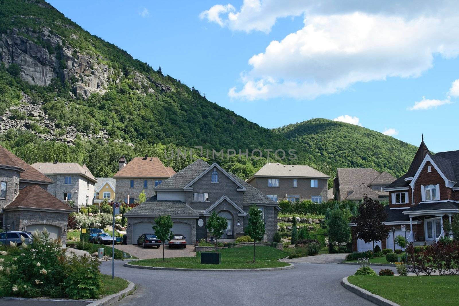 Expensive houses in a prestigious suburban neighborhood near the beautiful mountains.