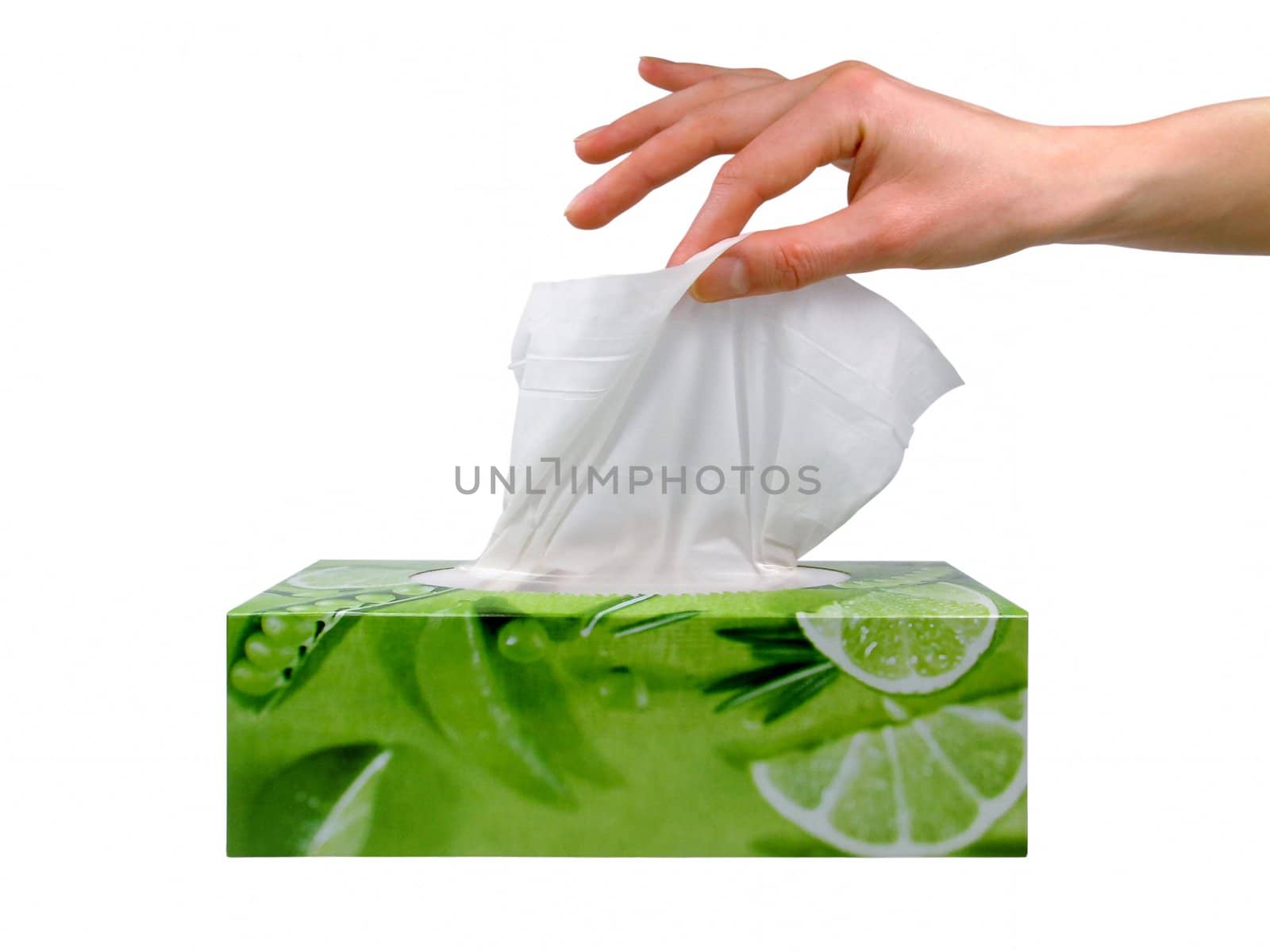 Delicate woman�s hand pulls a tissue from a green tissue box.