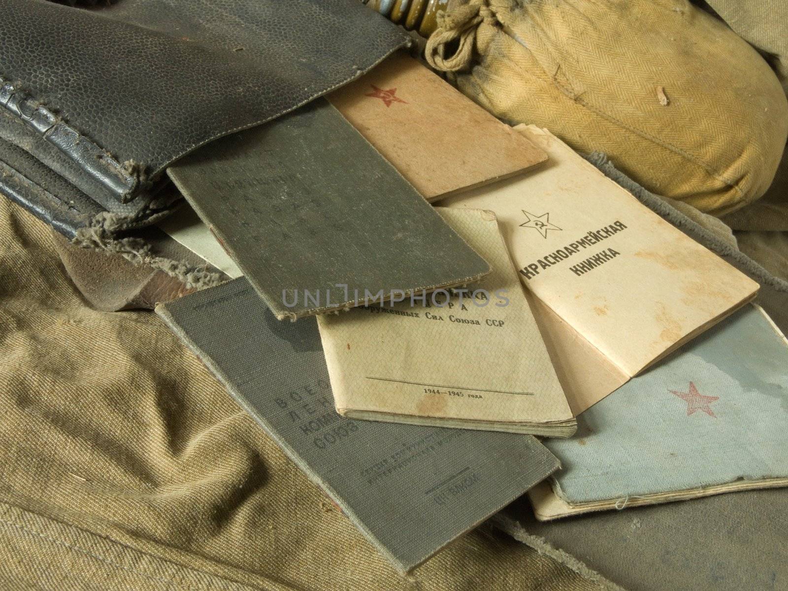 Old army bag and antiques army documents 