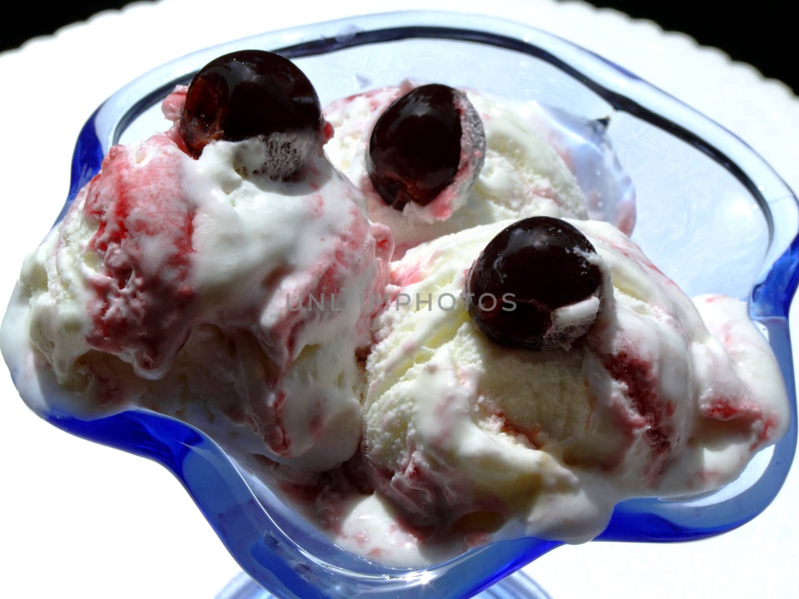 Vanilla ice cream with cherries and syrup