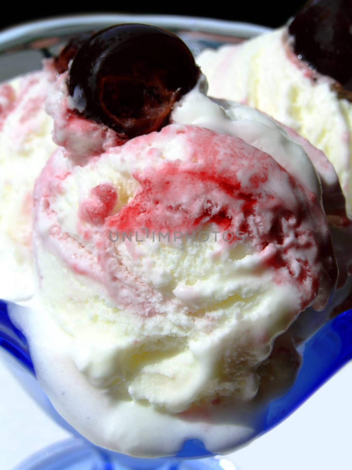 Vanilla ice cream with cherries and syrup