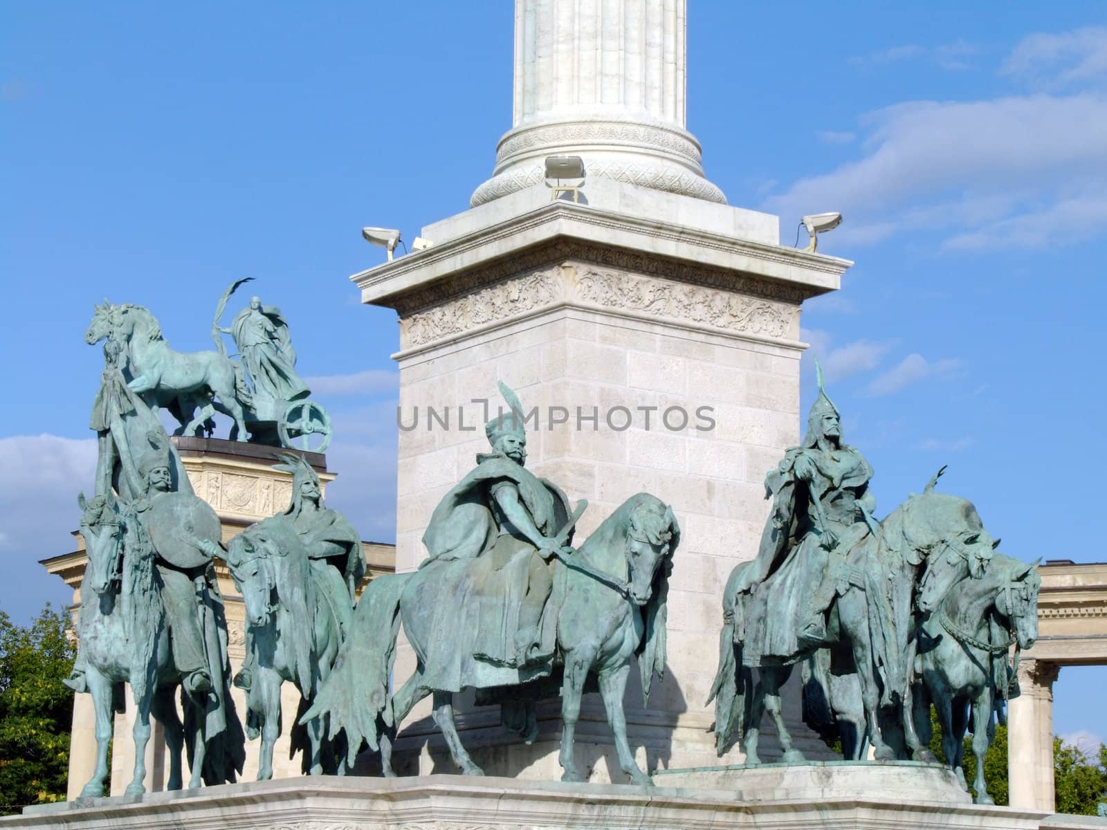 Equestian statues of seven Hungarian tribe chieftains at the base of the column in Heroes' Square, Budapest