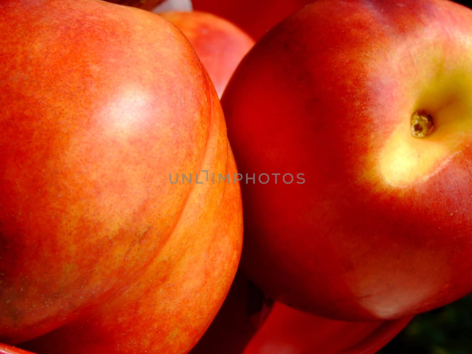 Close-up of ripe peaches in a red plastic basket