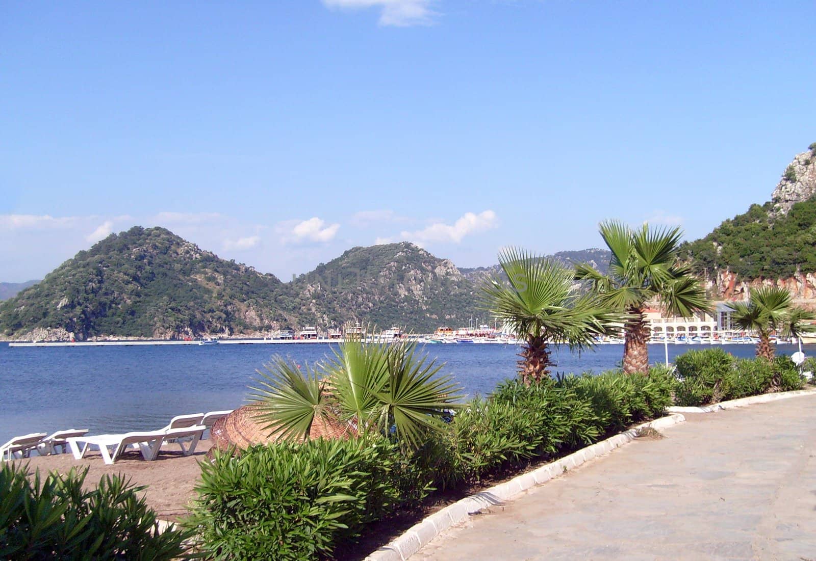 Popular tourist resort of Icmeler in Turkey showing Aegean sea.