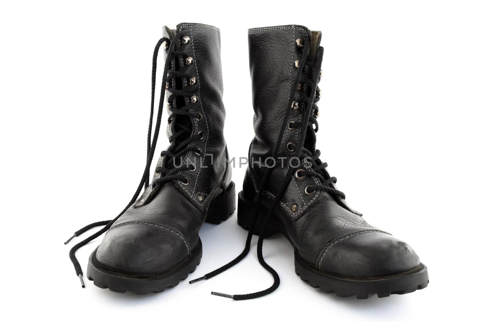 Army style black leather boots with long laces.