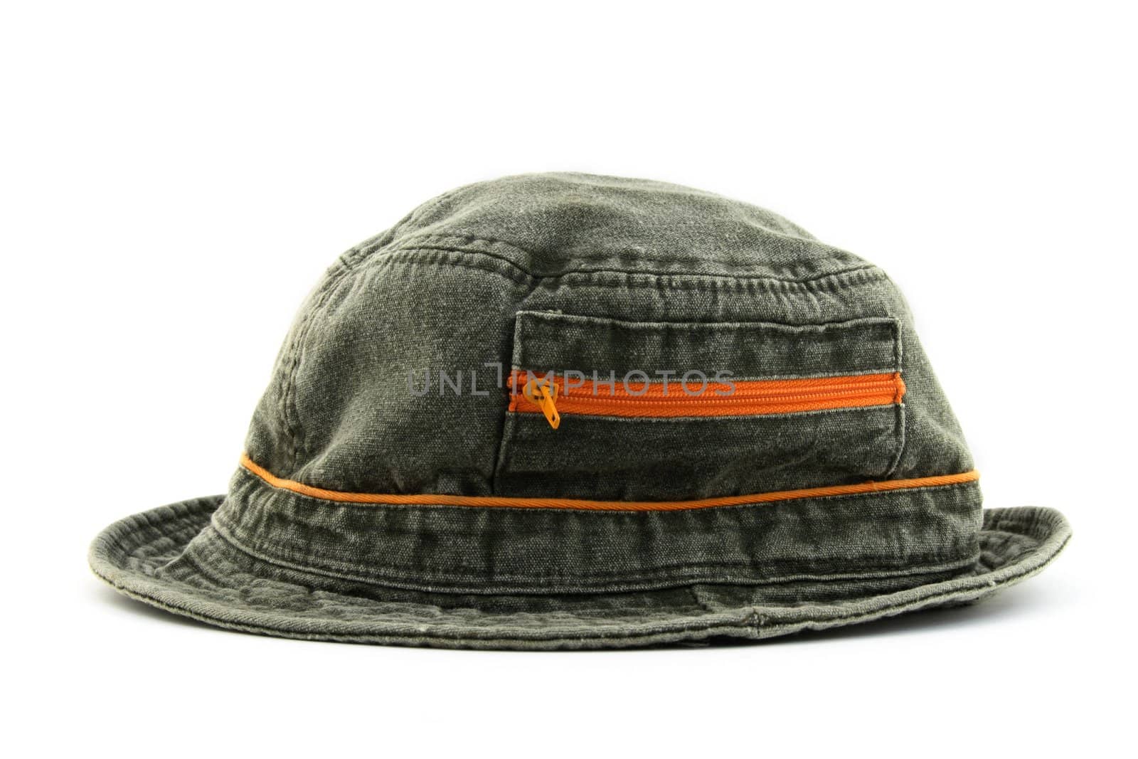 Summer denim hat with orange zipper, on white background.