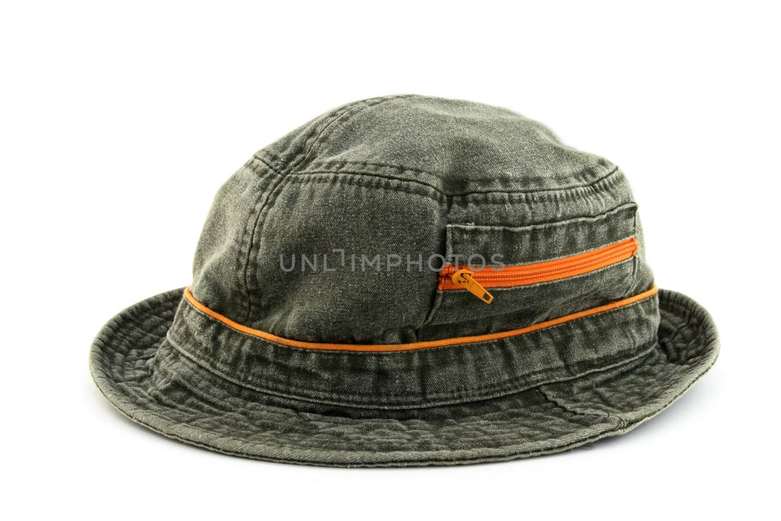 Denim hat with orange zipper, on white background.