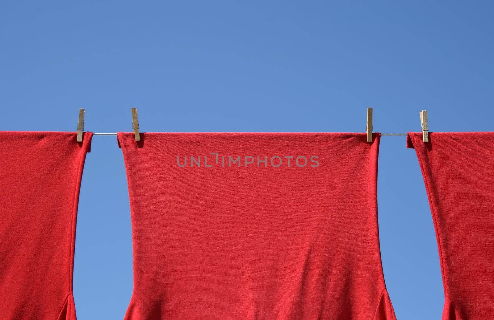 Red corporate t-shirts which hang to dry on a clothes-line.