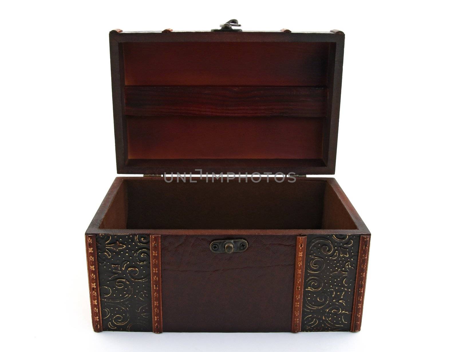 Empty wooden treasure chest over white background.