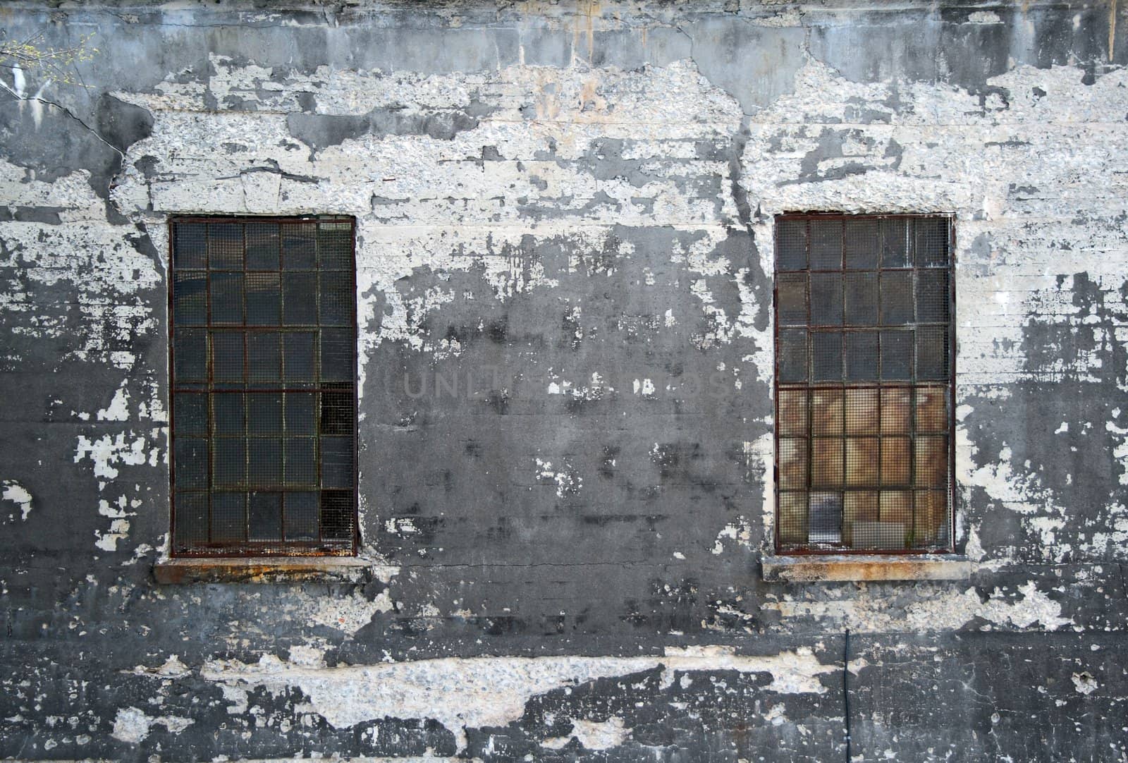 Grungy concrete wall with two windows.