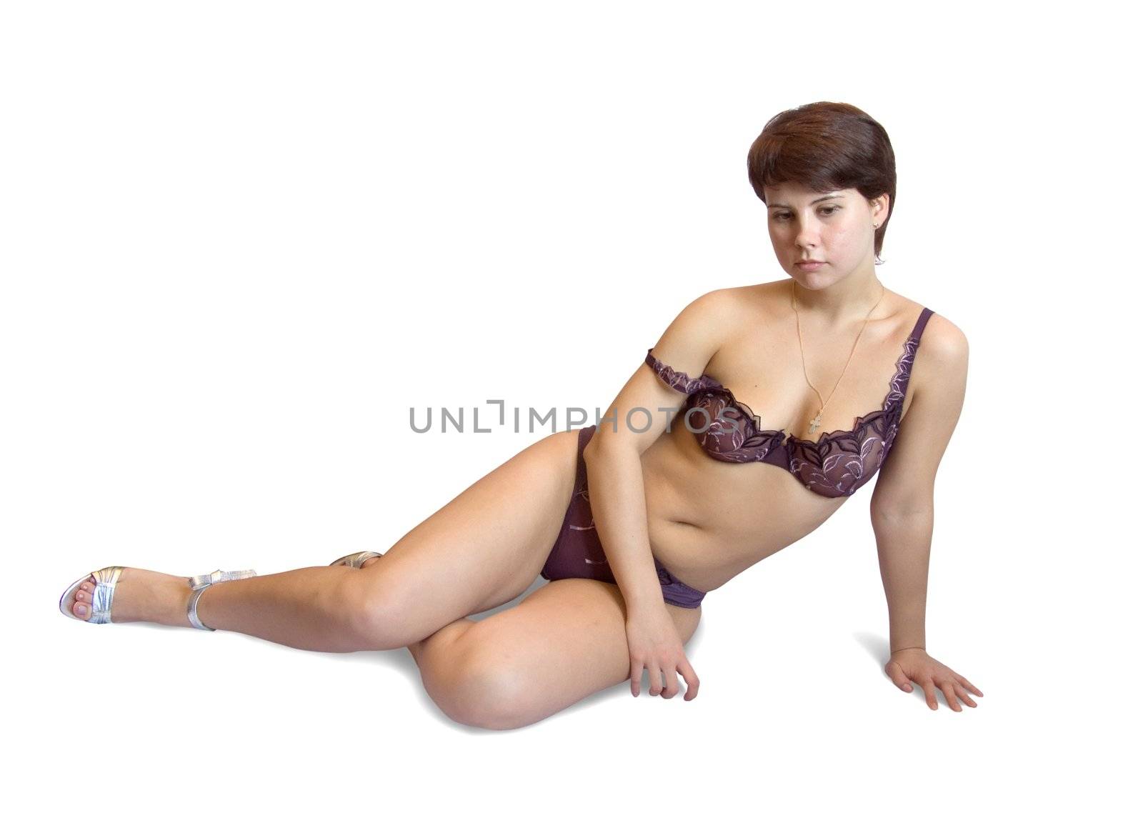 girl is in beautiful violet linen. Isolated
