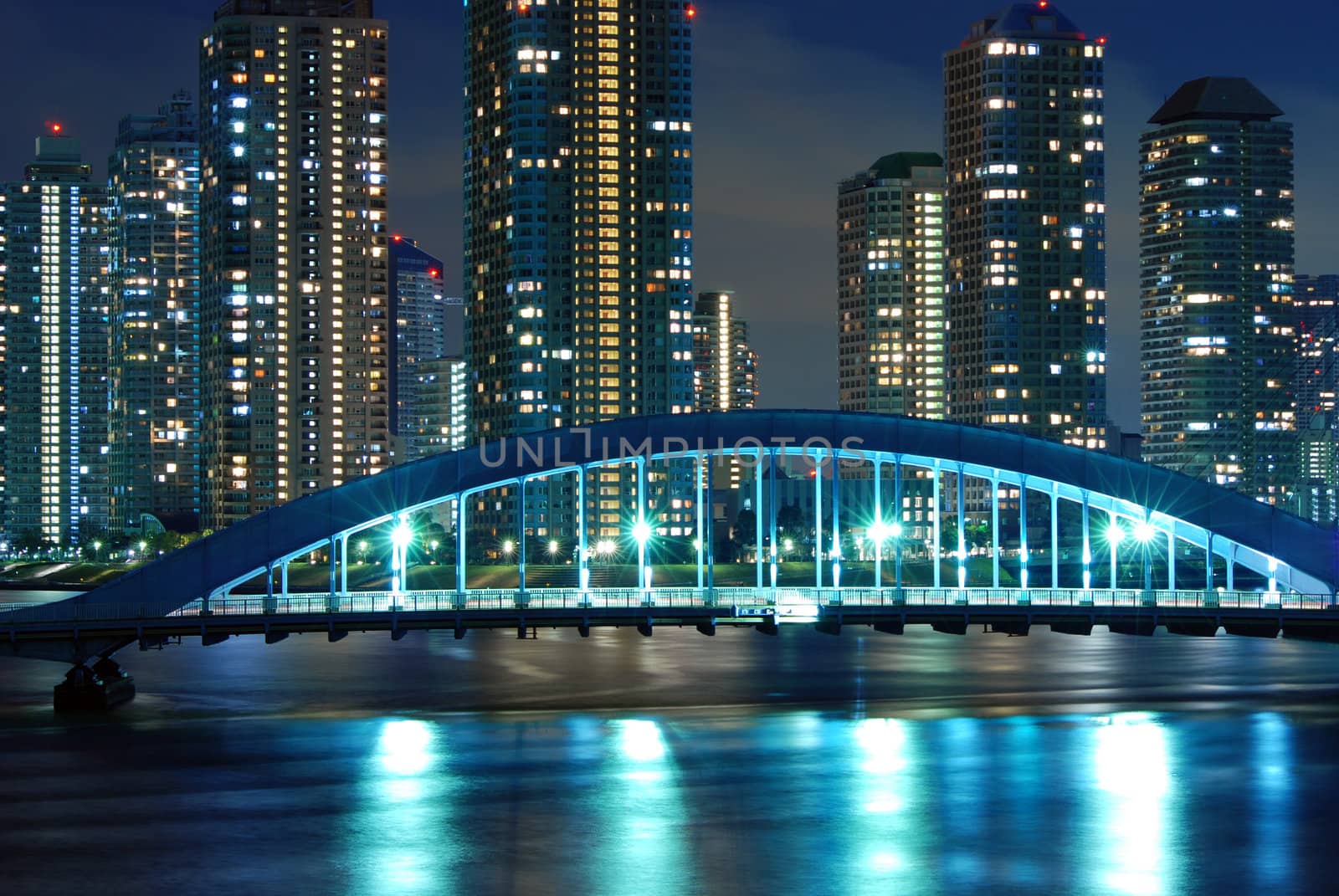 scenic Eitai bridge over Sumida river at night time, Tokyo Japan