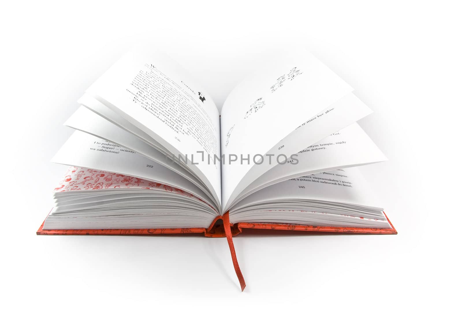 Open book with red cover over white
