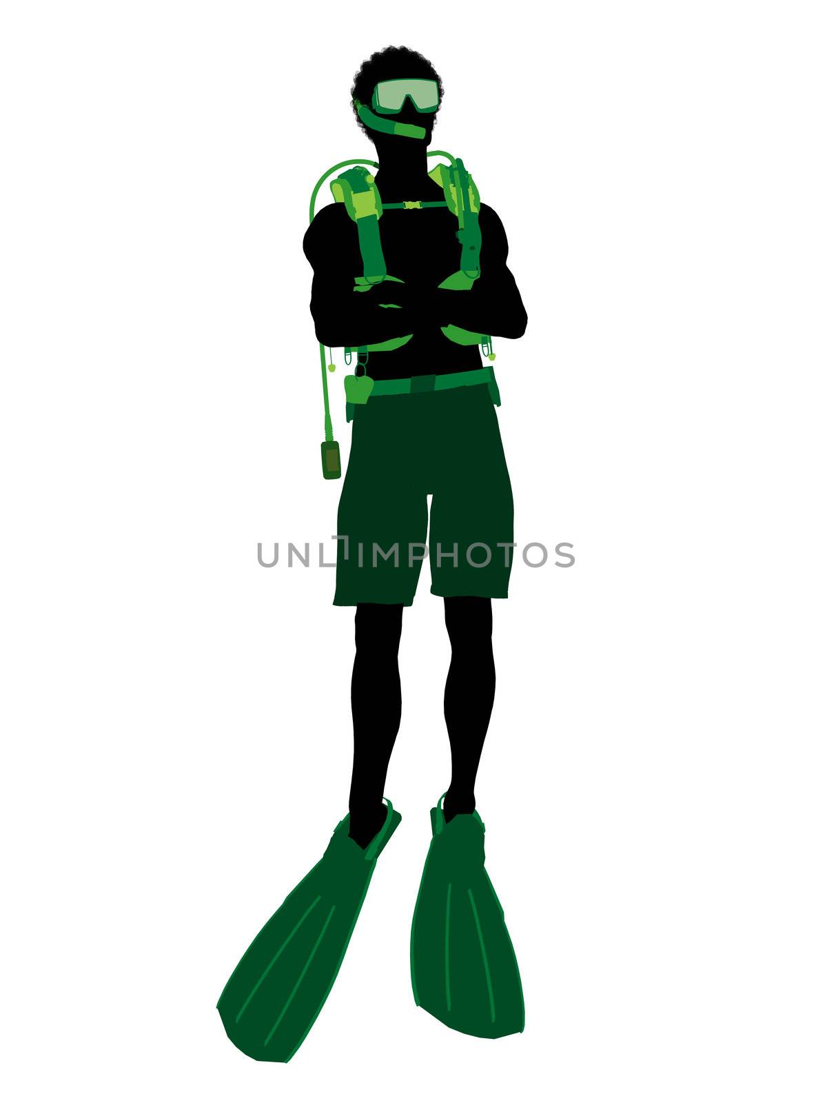 African american male scuba diver art illustration silhouette on a white background