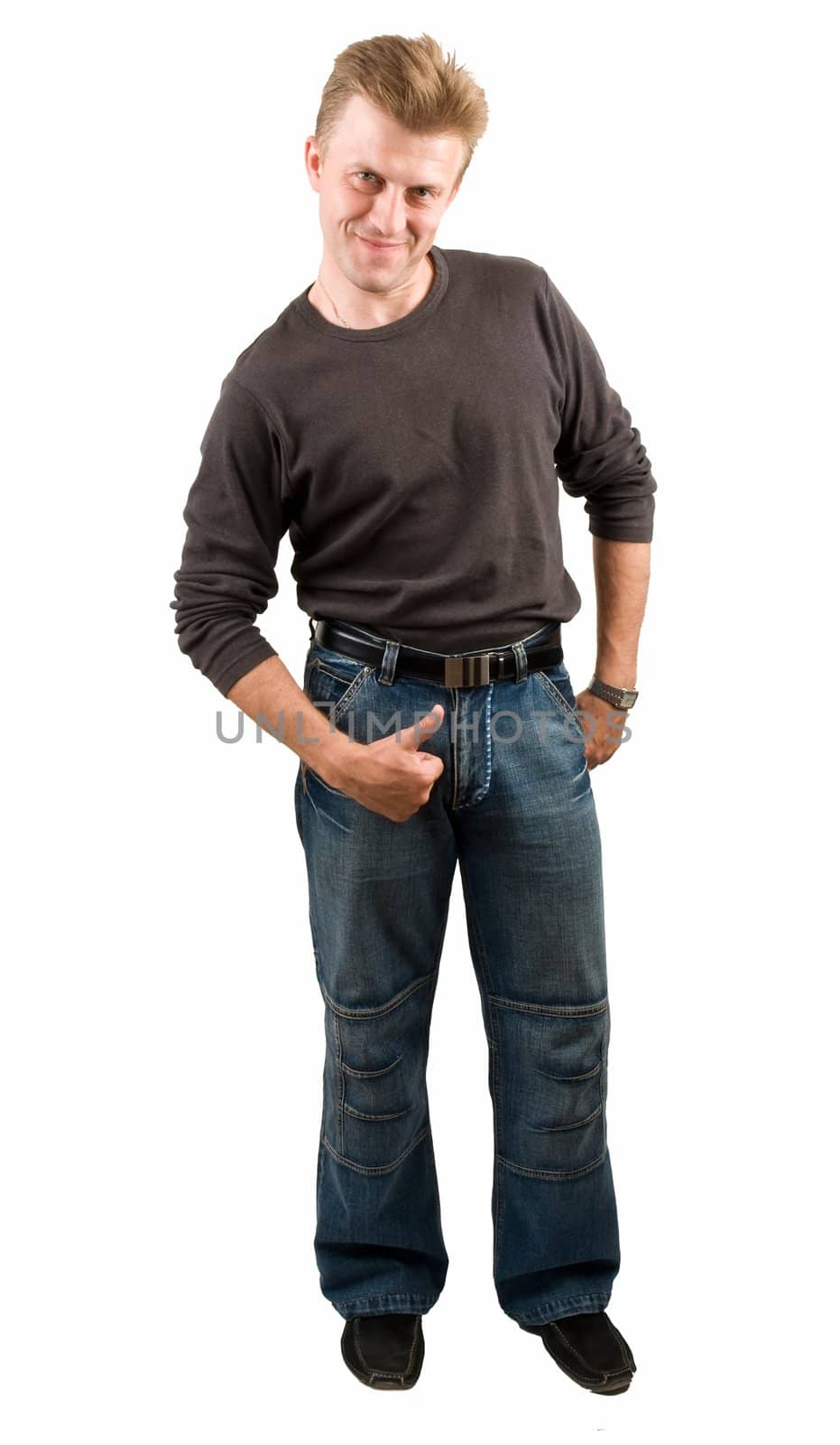 smiling young man with thumbs up on a white background