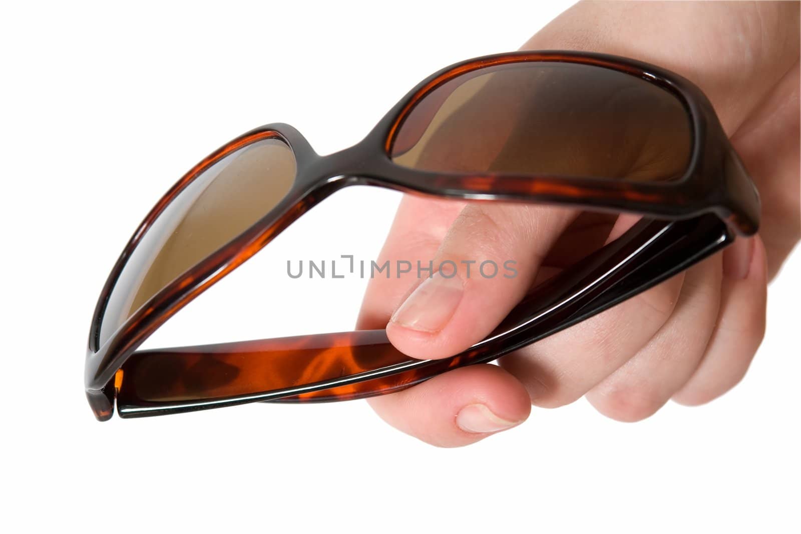 Sunshade. Hand with sunglasses on a white background