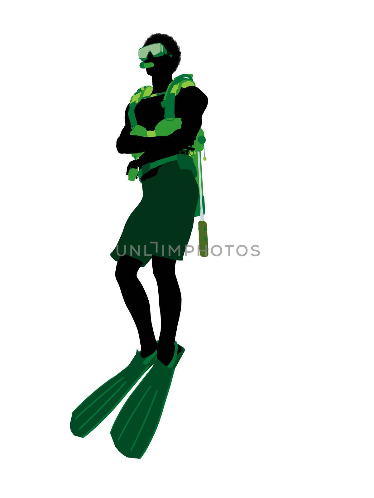 African american male scuba diver art illustration silhouette on a white background