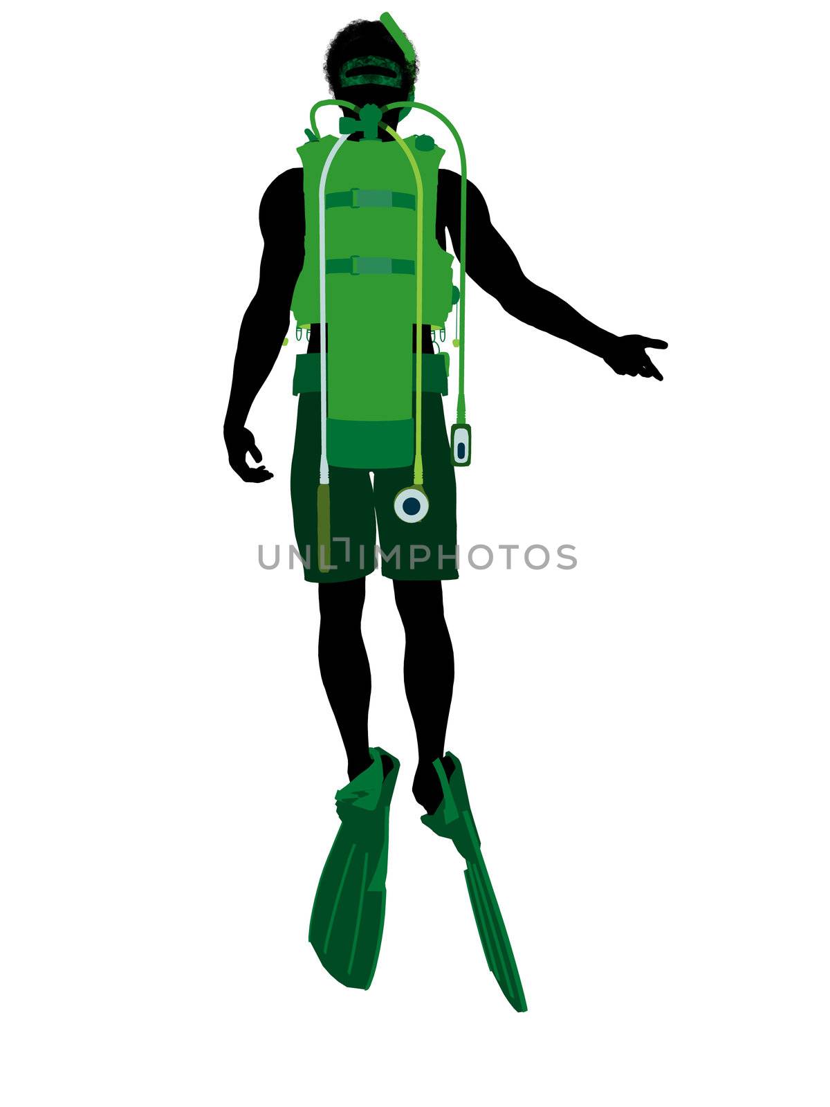 African american male scuba diver art illustration silhouette on a white background