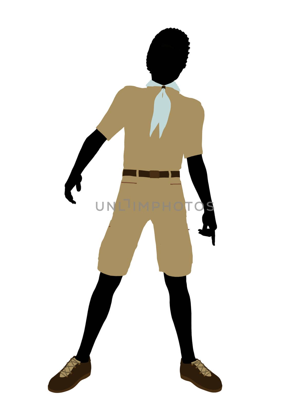 African American Boy Scout silhouette dressed in shorts on a white background