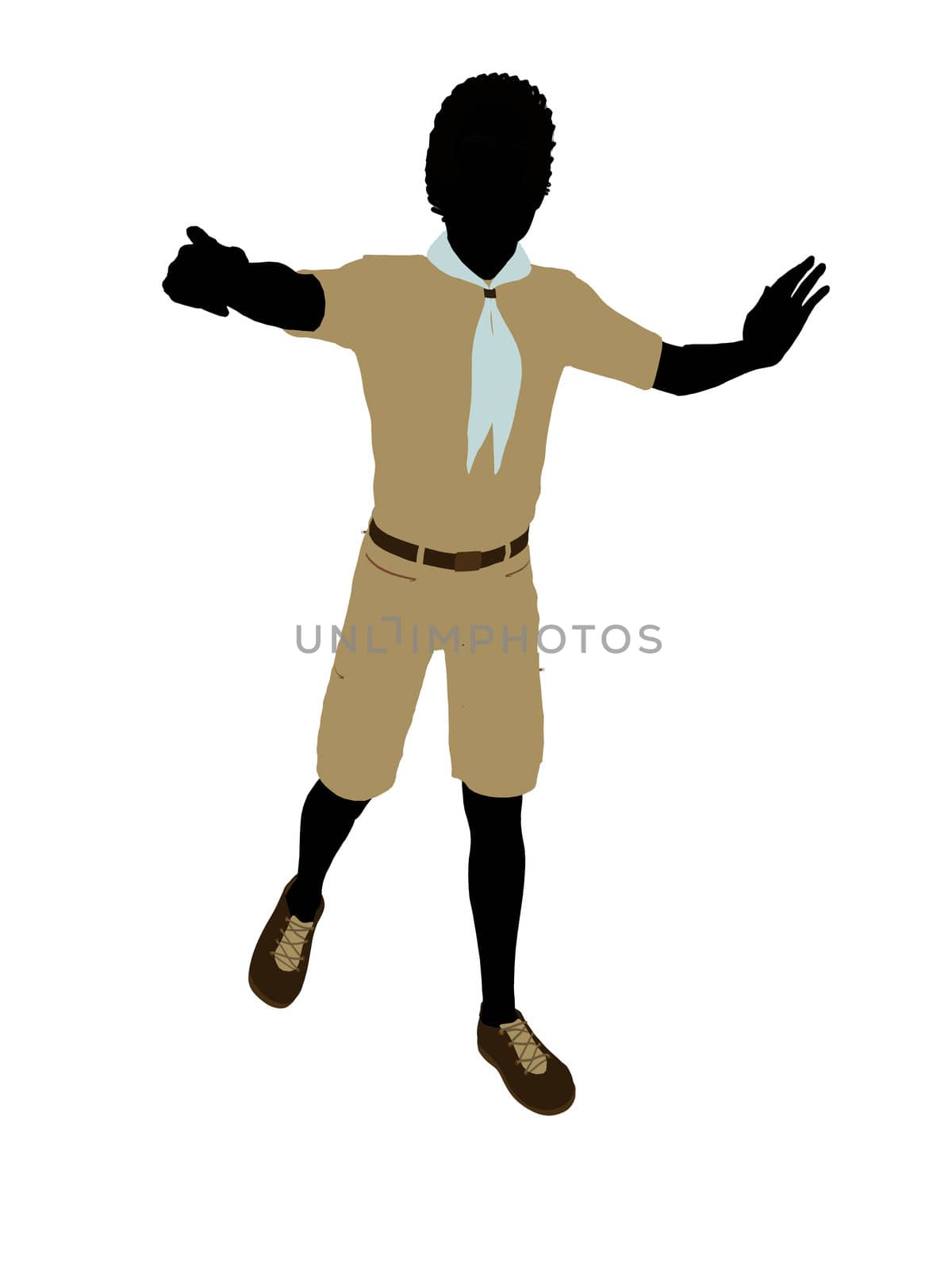 African American Boy Scout silhouette dressed in shorts on a white background