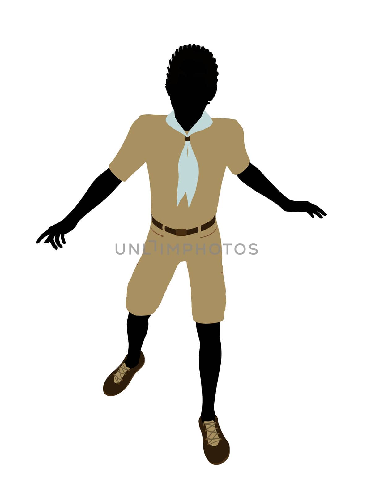 African American Boy Scout silhouette dressed in shorts on a white background