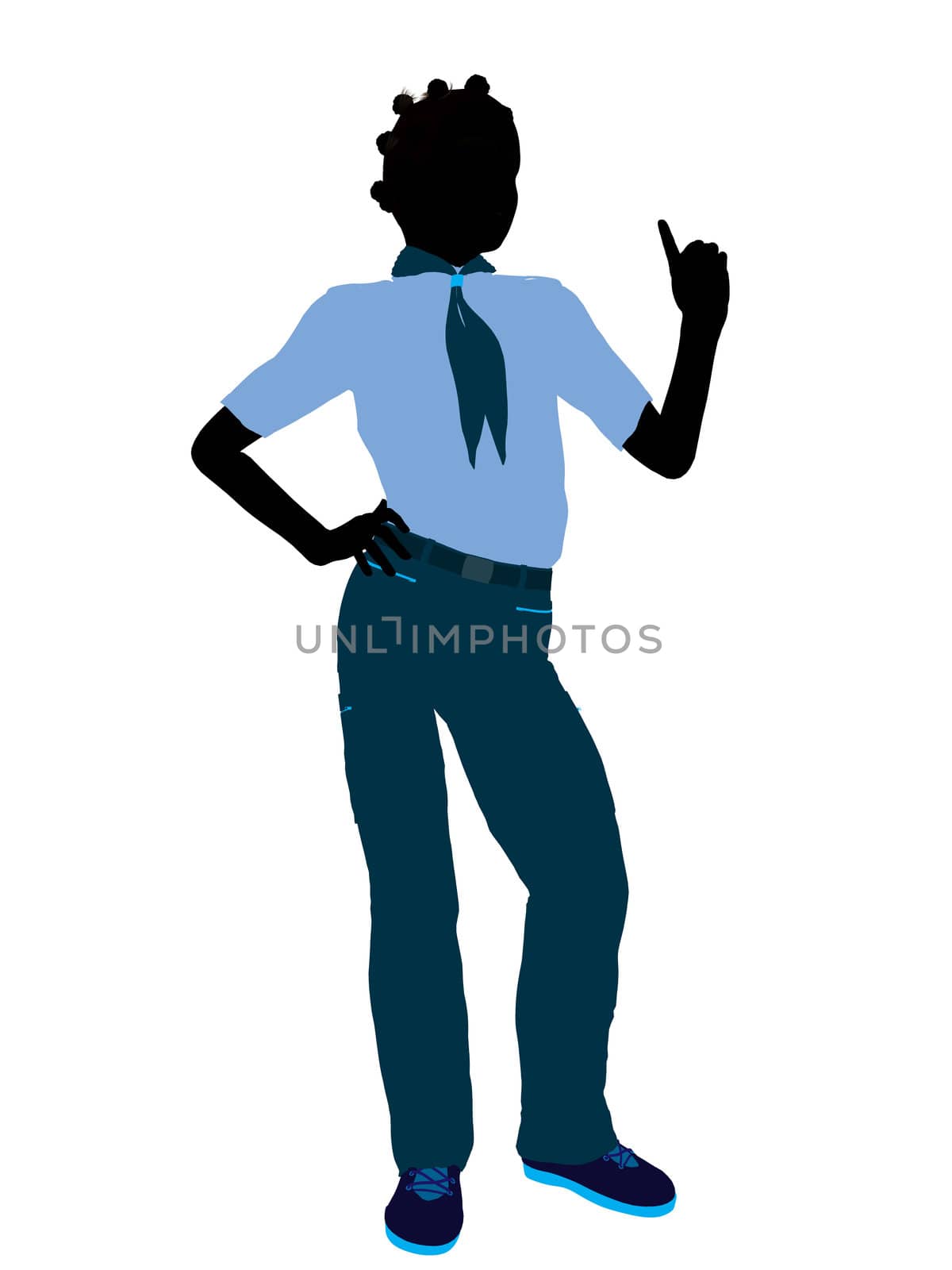 African American Girl Scout silhouette dressed in pants on a white background