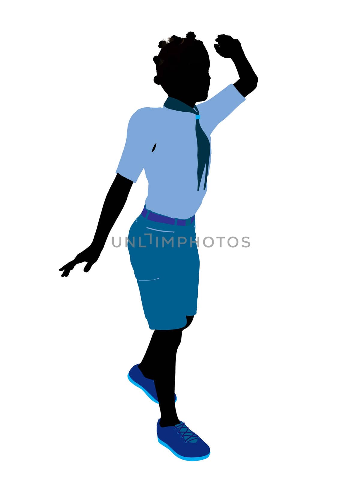 African American Girl Scout silhouette dressed in shorts on a white background