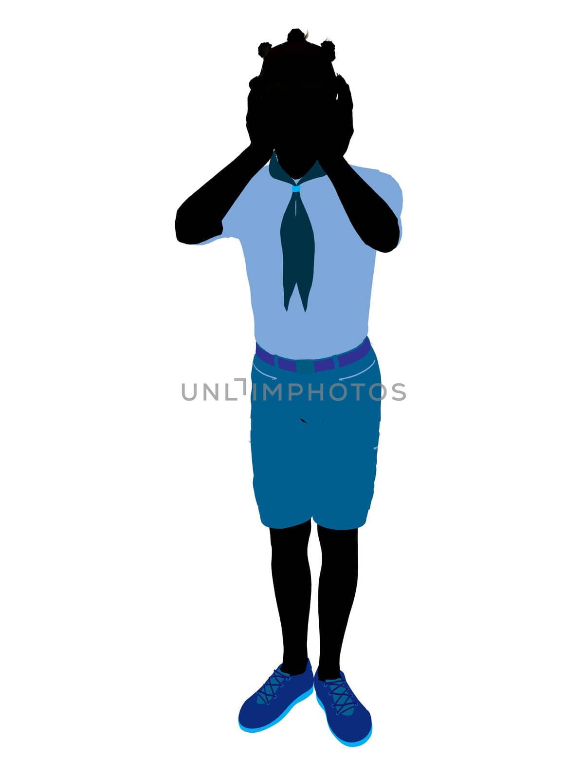 African American Girl Scout silhouette dressed in shorts on a white background