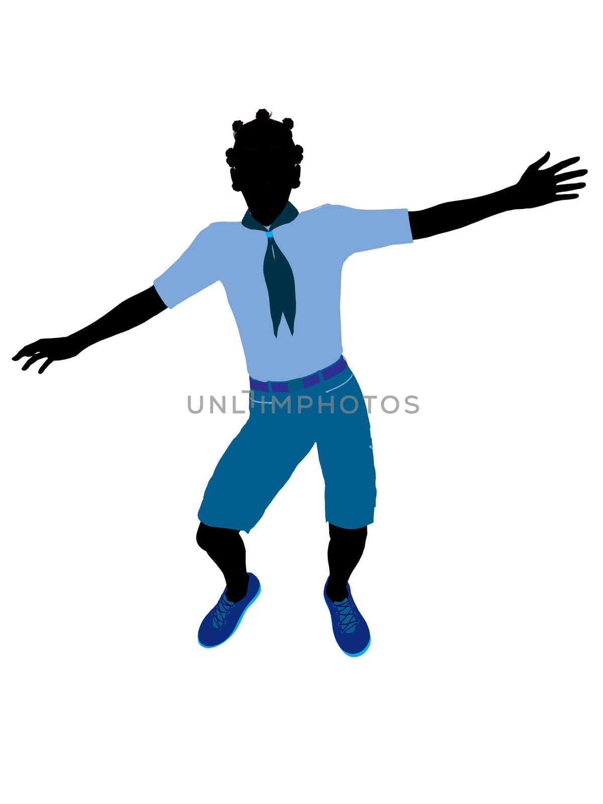 African American Girl Scout silhouette dressed in shorts on a white background