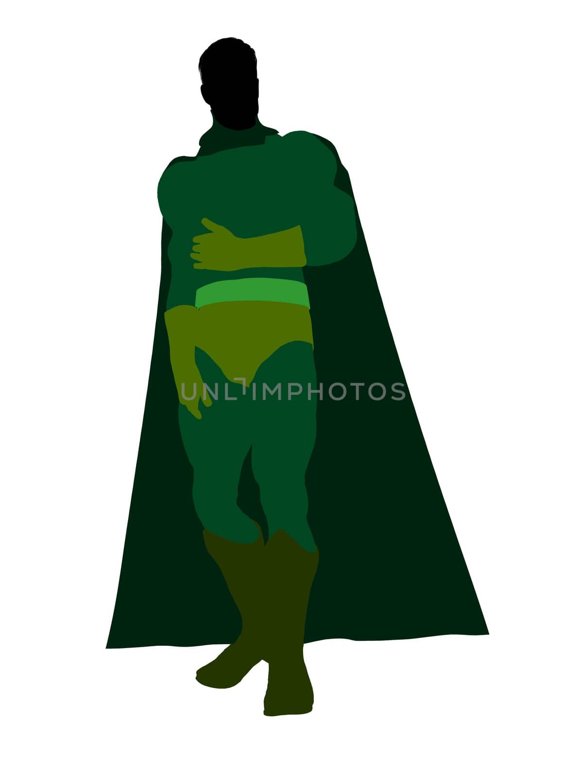 Male super hero silhouette dressed in shorts on a white background