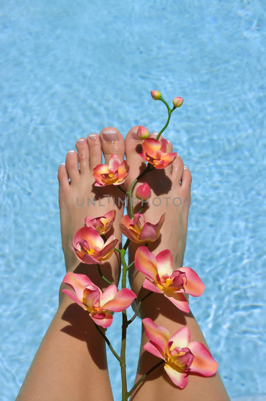 Feet near pool with orchids