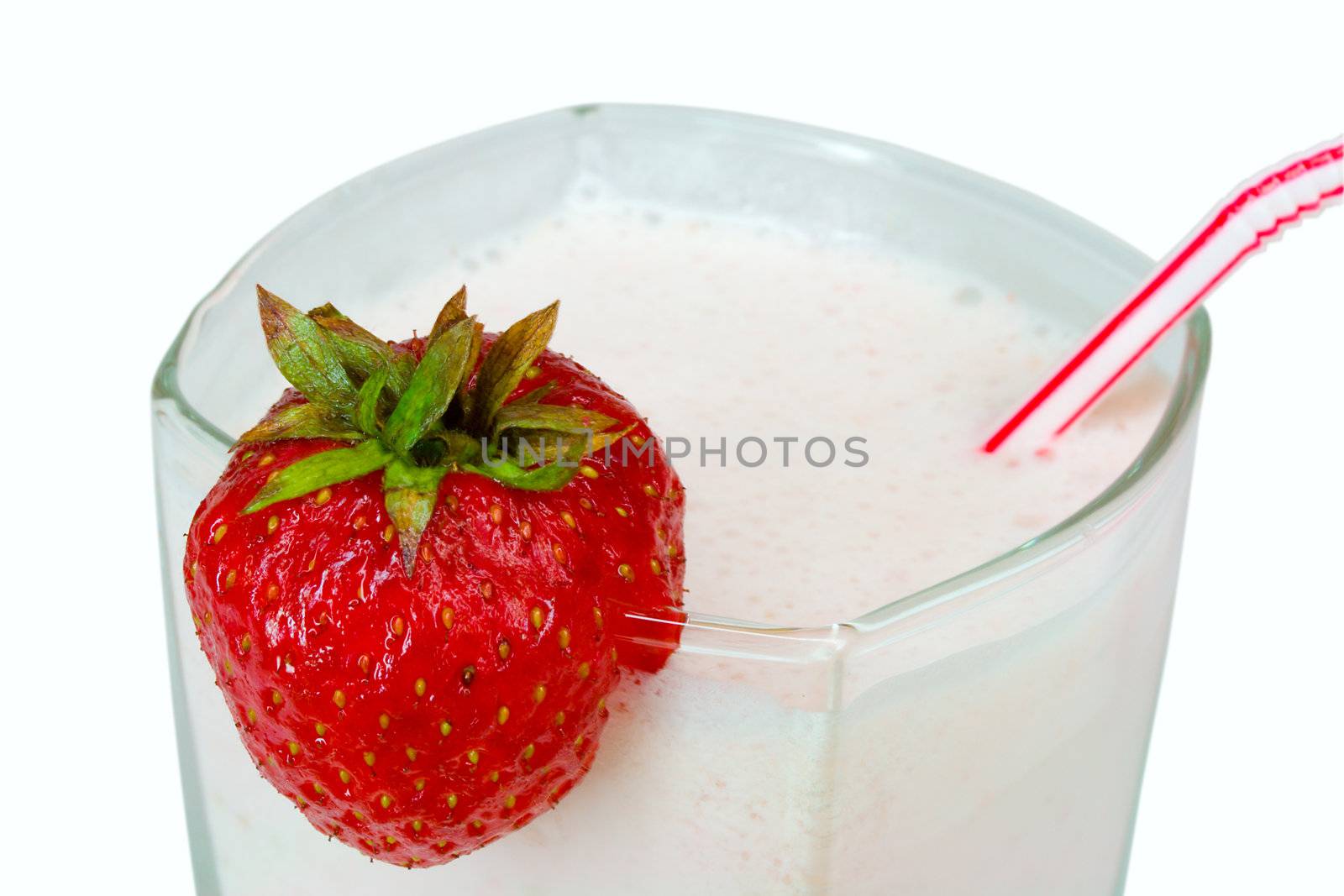 close-up strawberry milkshake, isolated on white