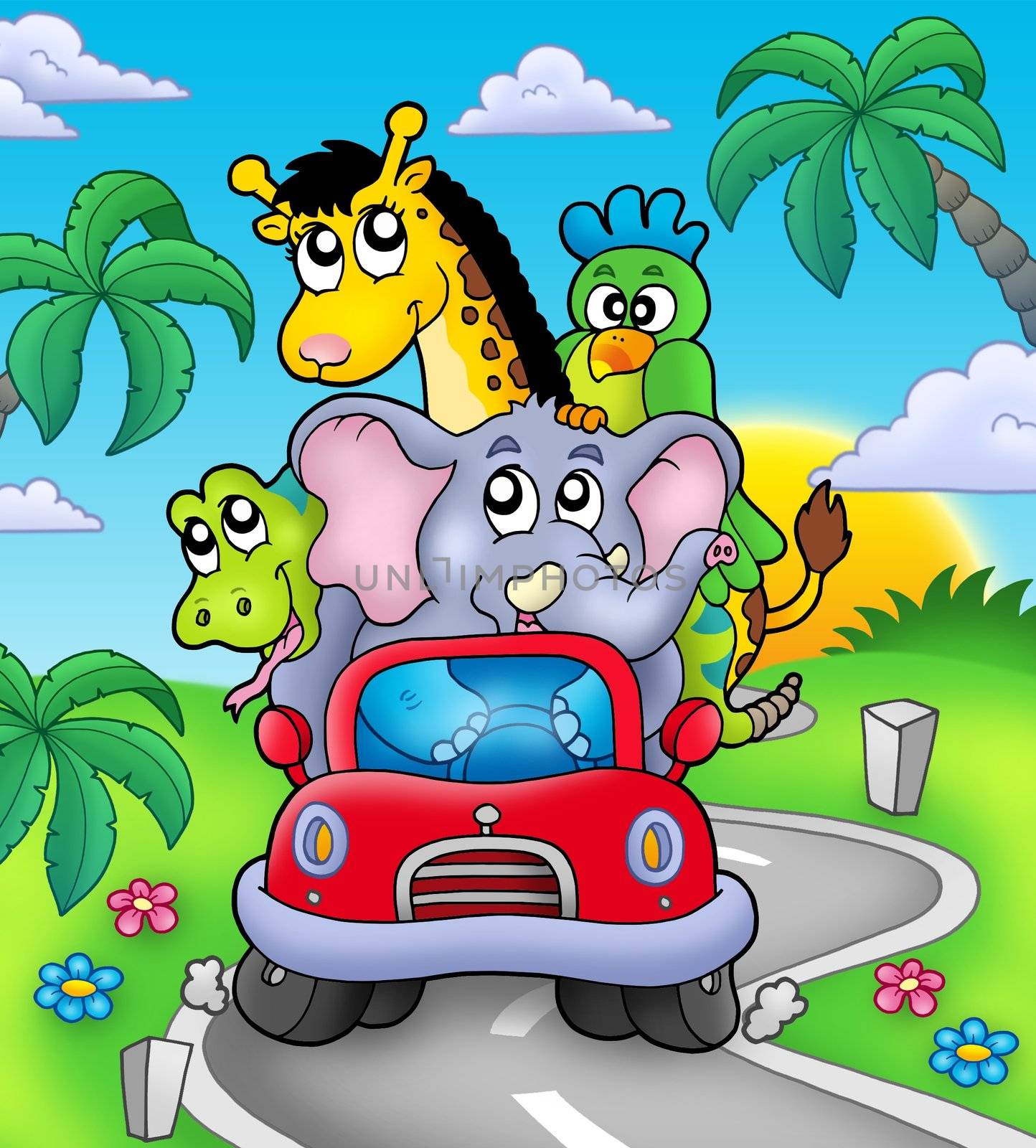 African animals in car on road - color illustration.