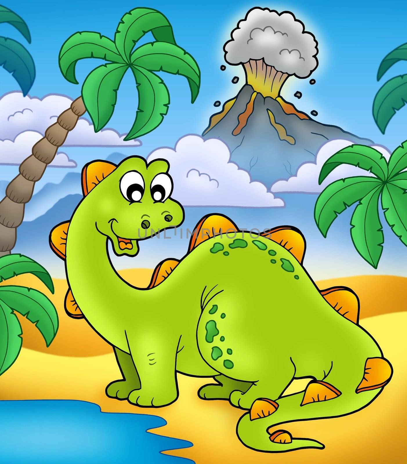 Cute dinosaur with volcano - color illustration.