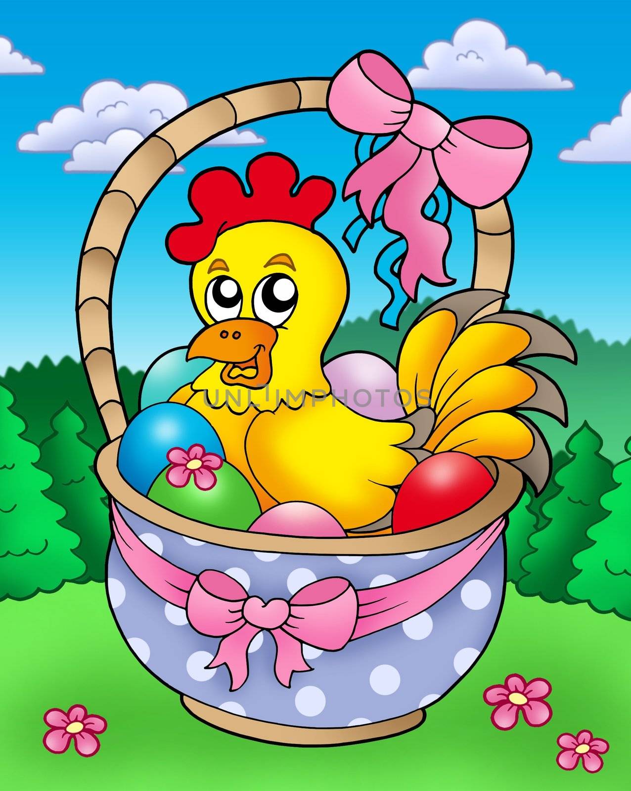 Easter basket with happy chicken - color illustration.