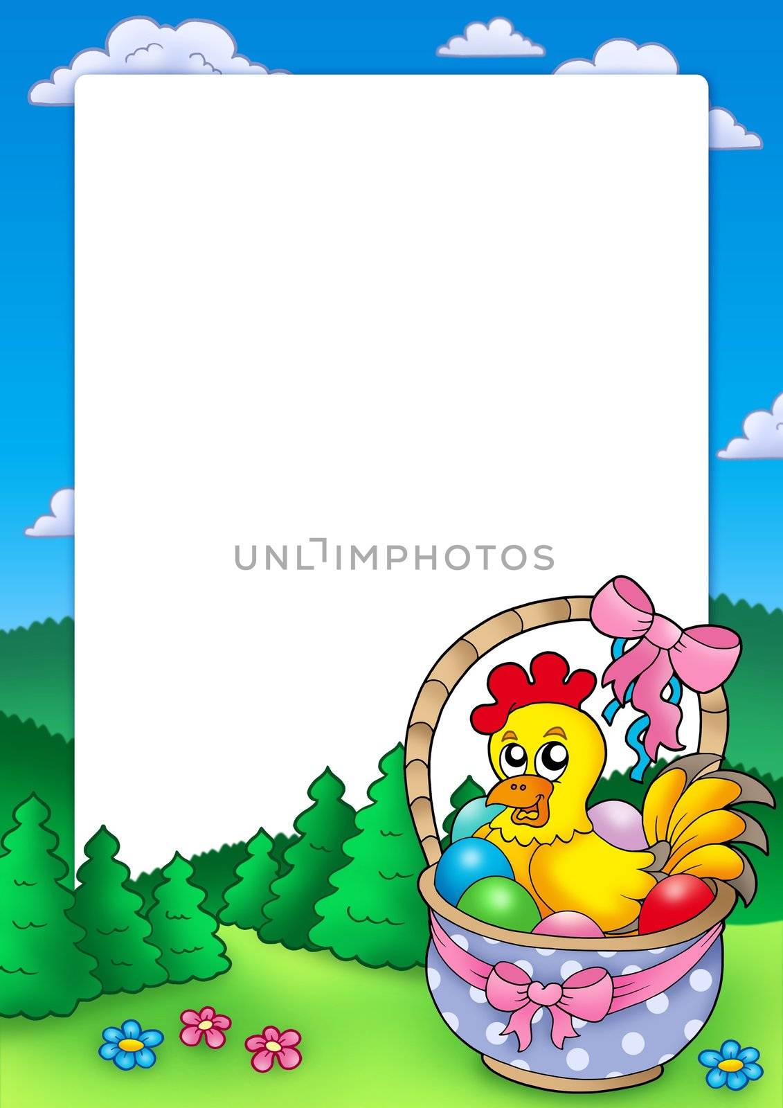 Easter frame with basket and chicken - color illustration.