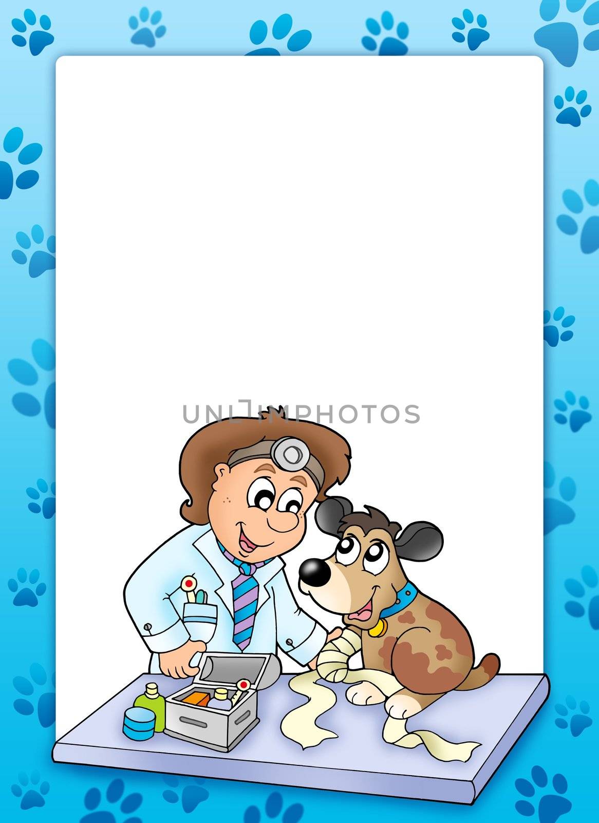 Frame with sick dog at veterinarian - color illustration.