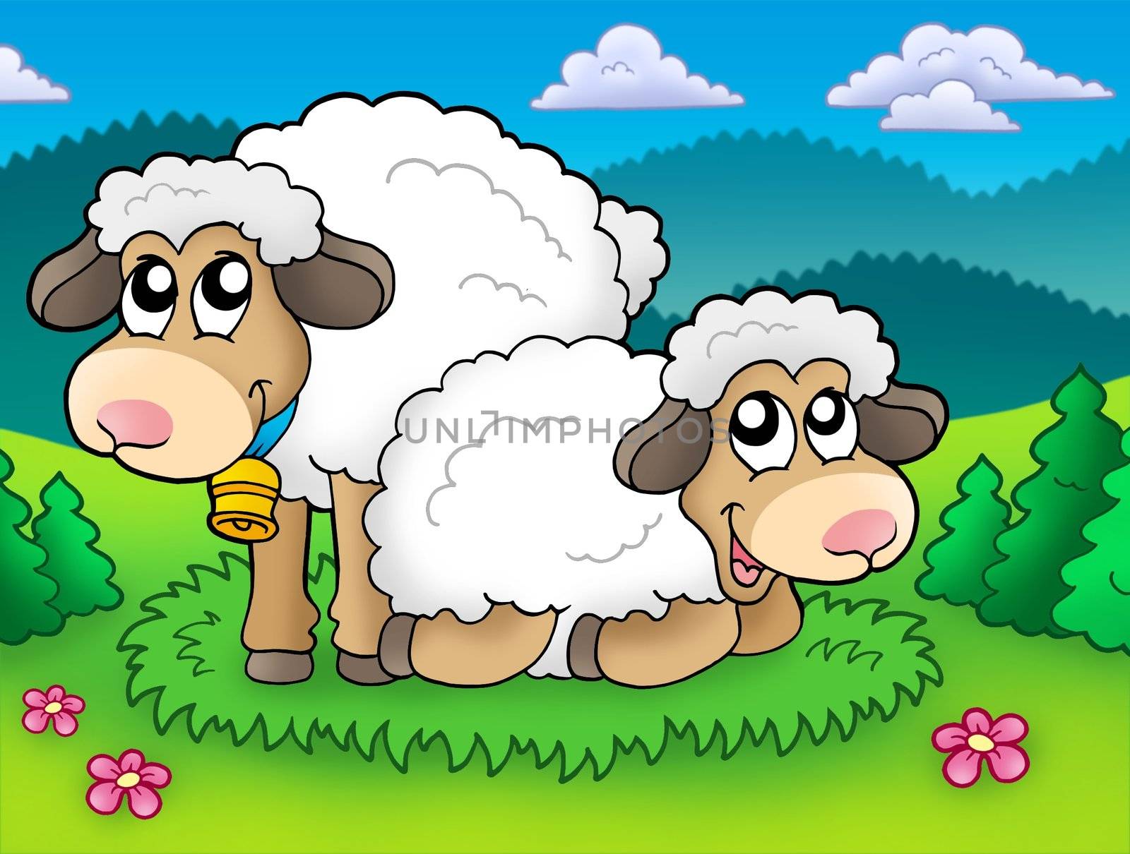 Pair of cute sheep on meadow by clairev
