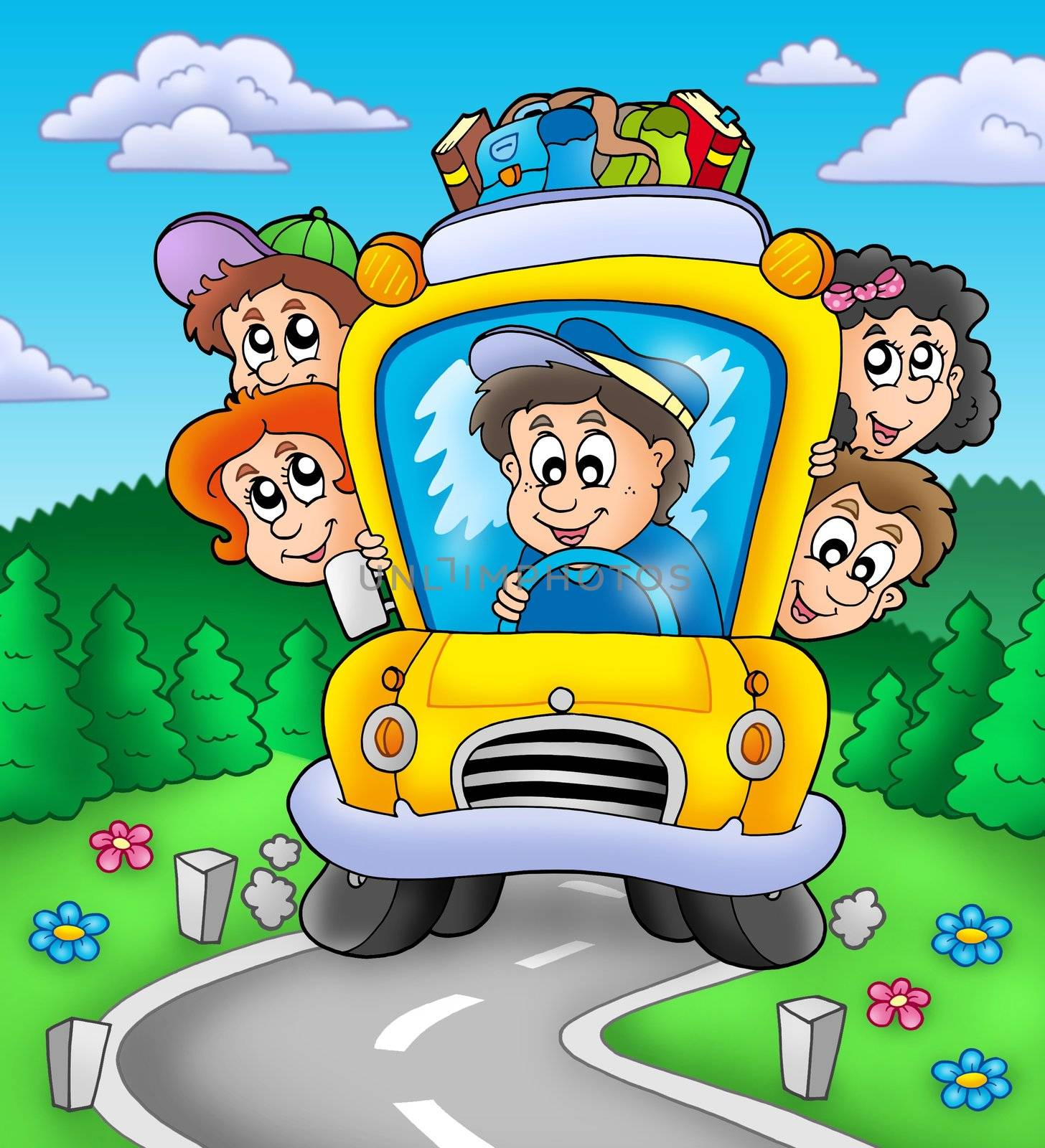 School bus on road - color illustration.