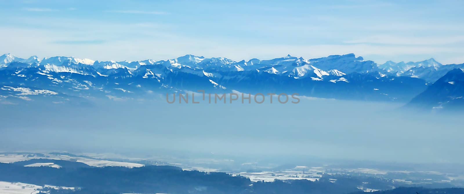 View of the Alps upon Geneva, Switzerland, by winter
