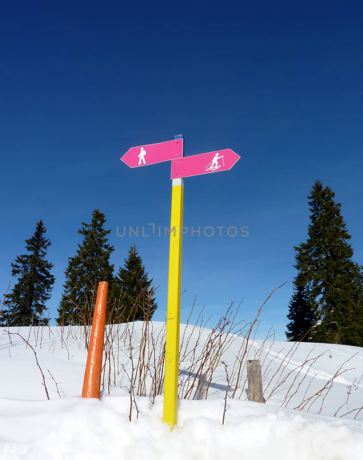 Sign for hikers and persons with snowshoes by Elenaphotos21