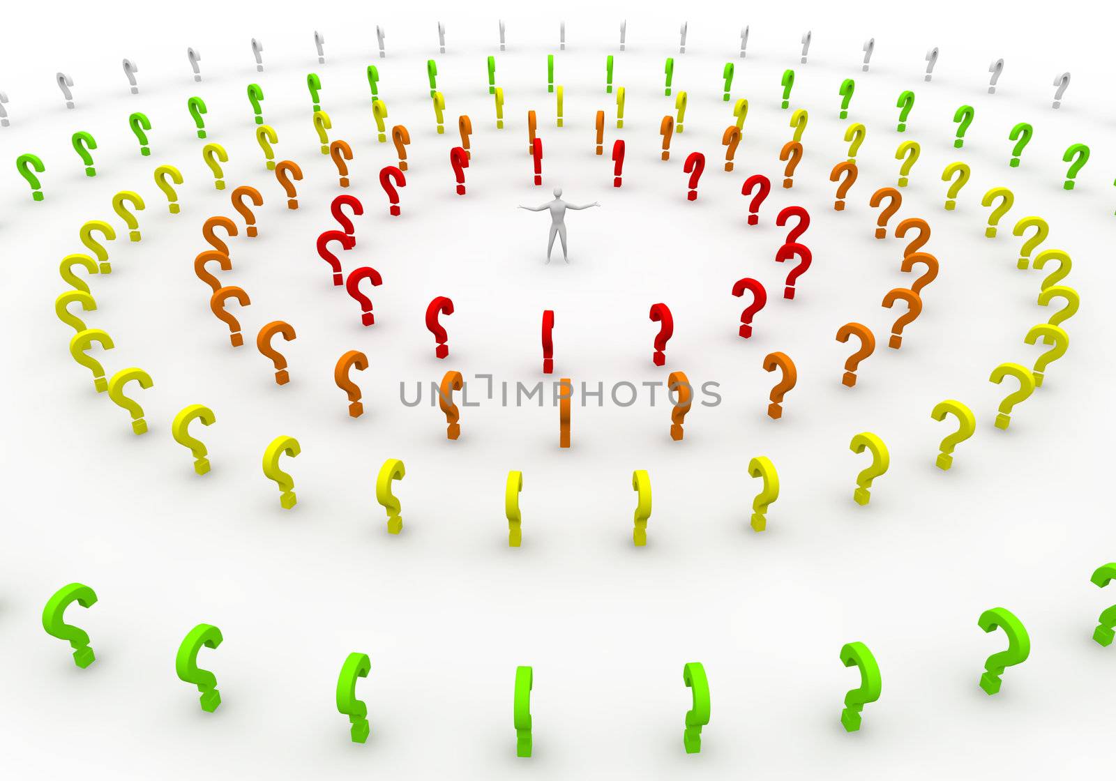 3d man surrounded by many questions colorful
