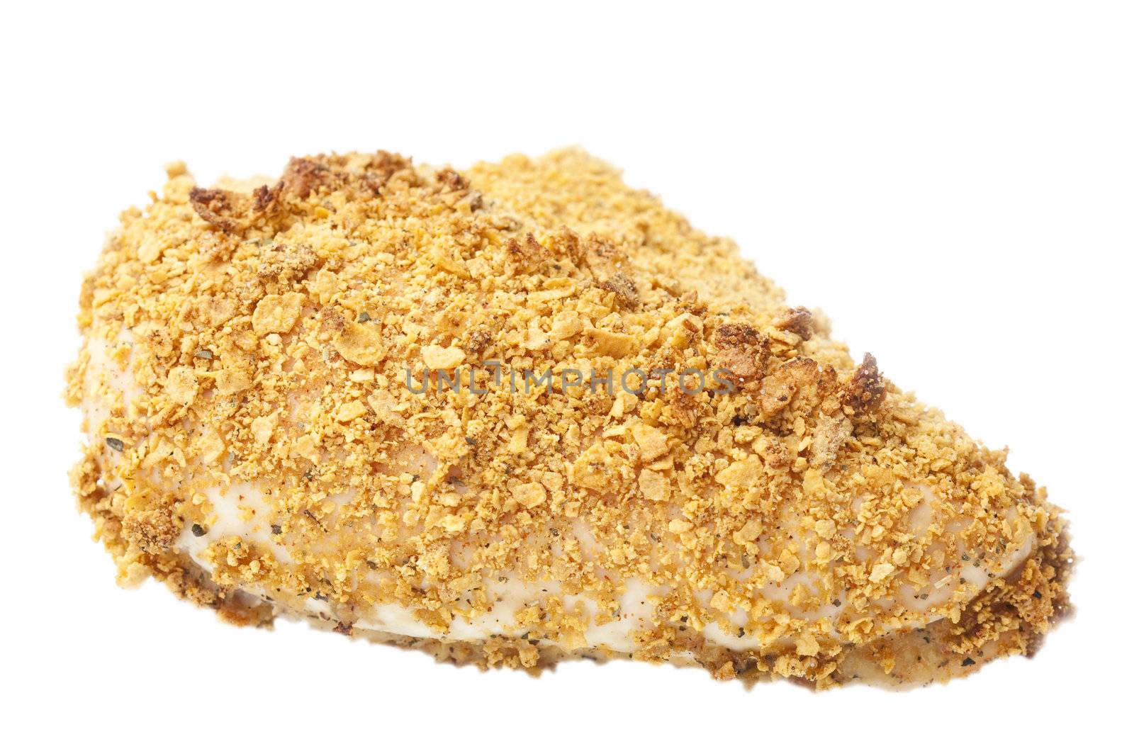 Oven fried skinless chicken breast isolated on white background. 

