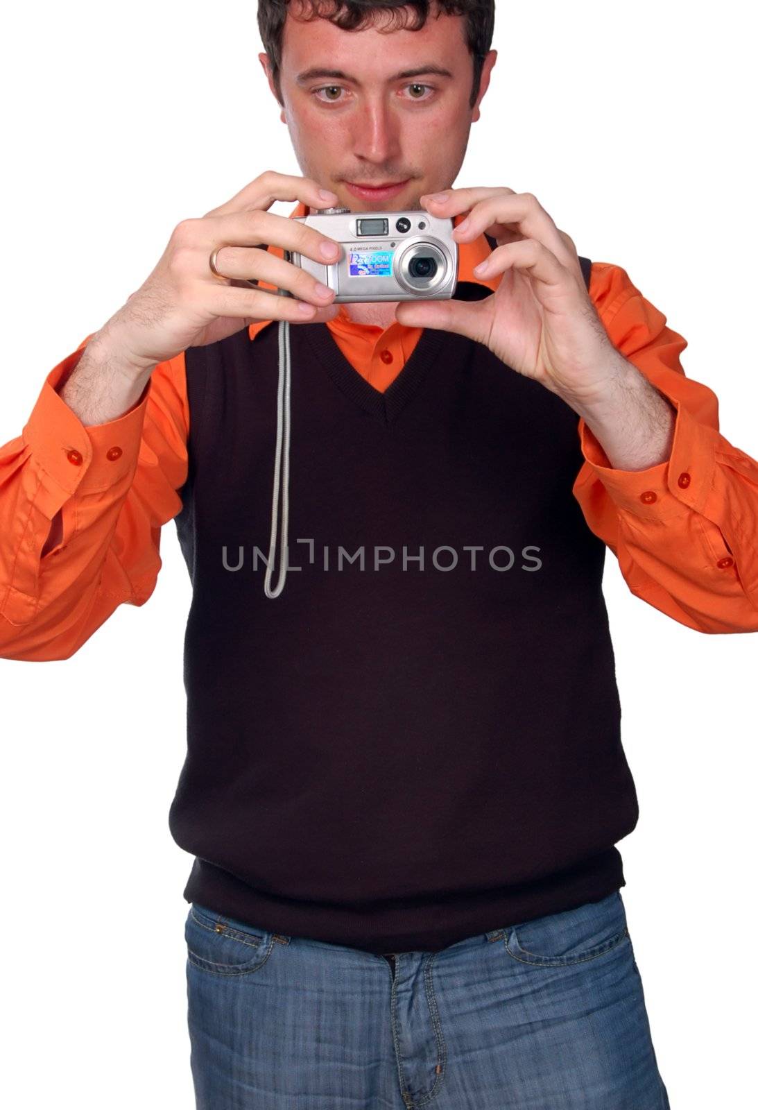 young man tacking photo at camera