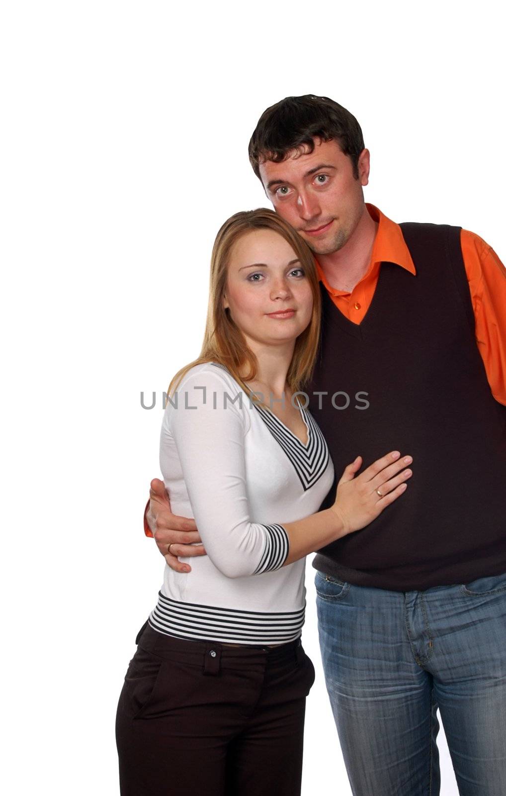 happy couple - pretty blonde and dark haired man