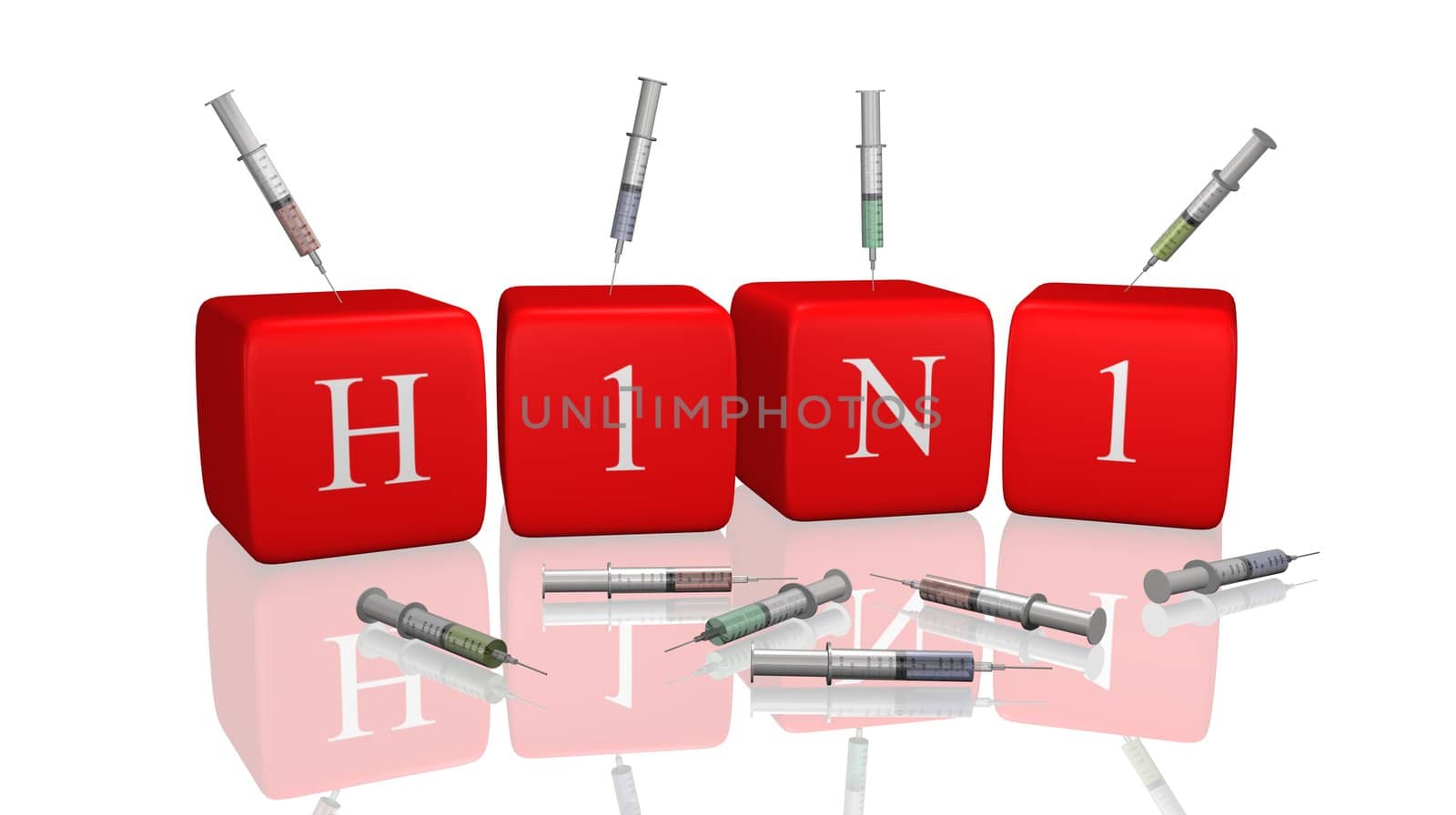 H1N1 on 3D cubes with multiple syringes.