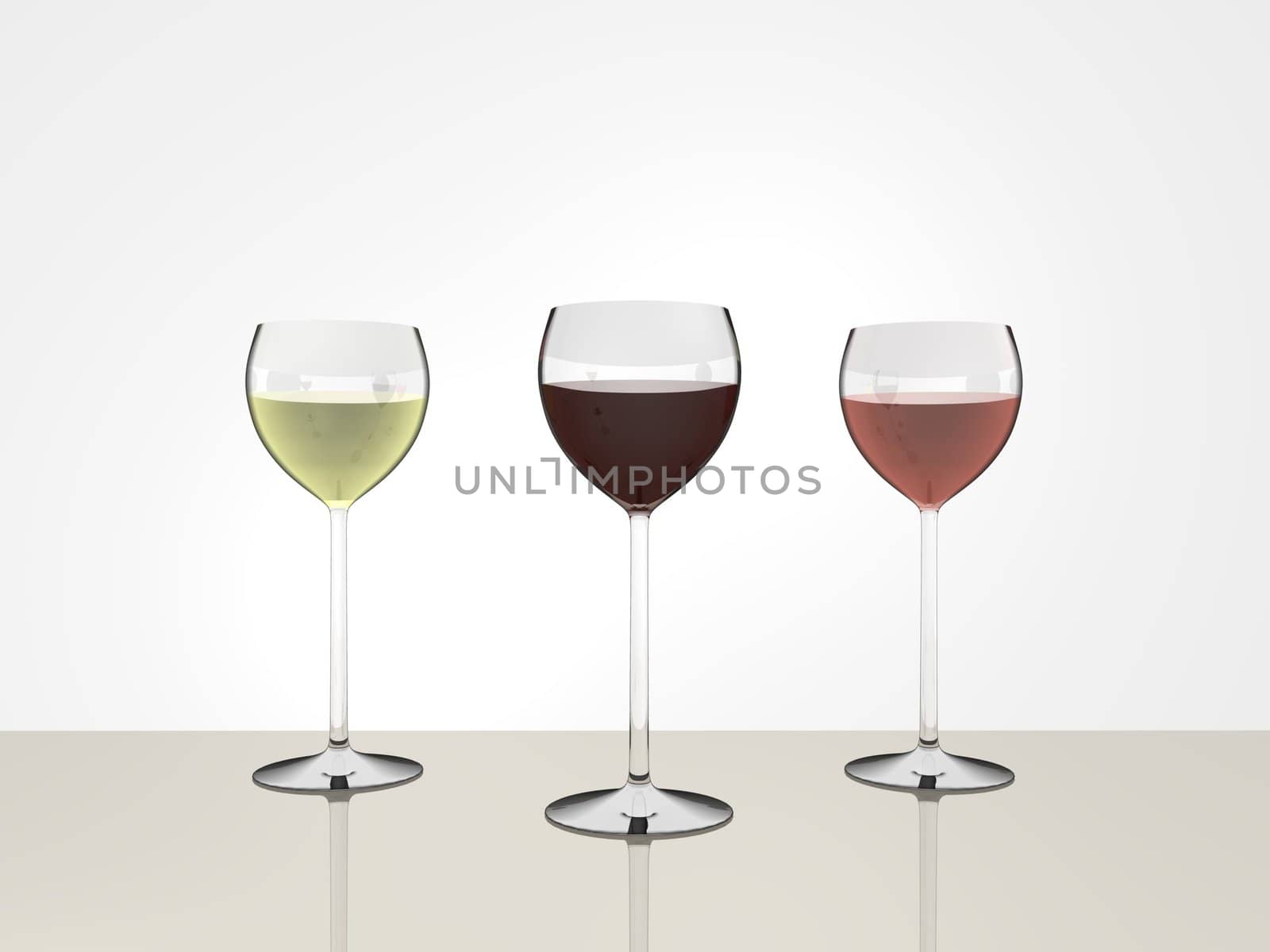 Wine glasses with 3 different types of wine.