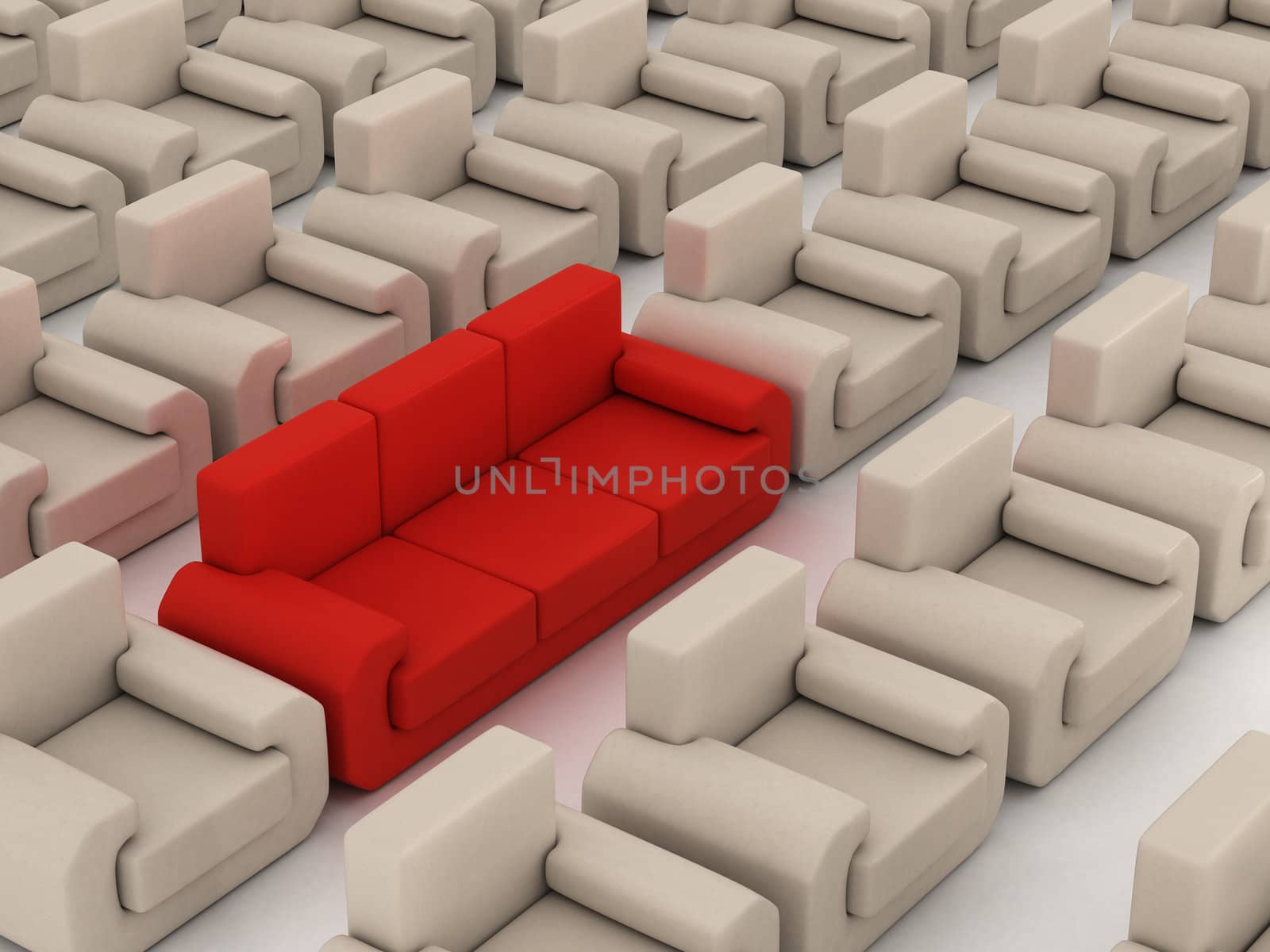 Row of white armchairs and red sofa. 3D image.