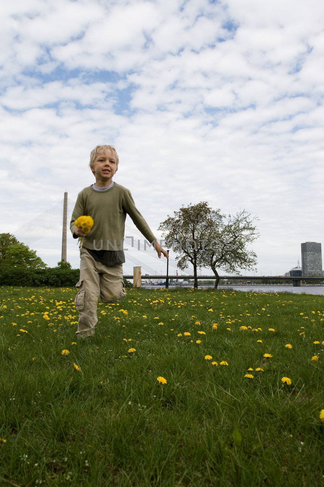 Young boy running in meadow
