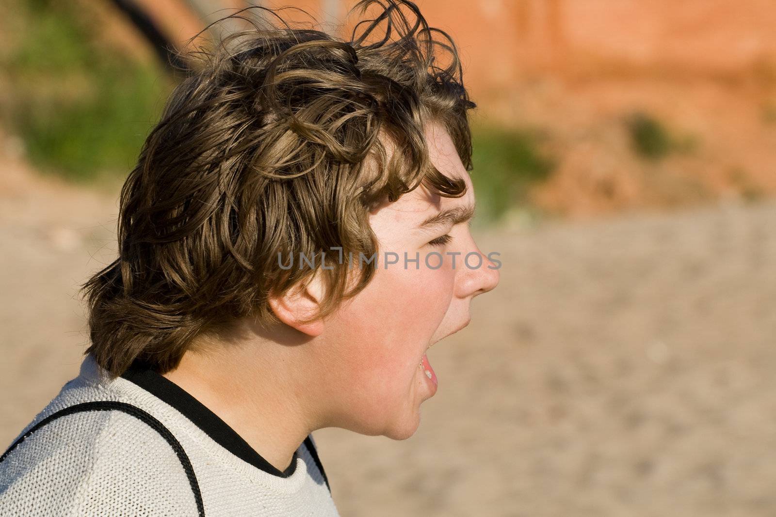 Teenage boy shouting. Beach sand and red sanstouns in background